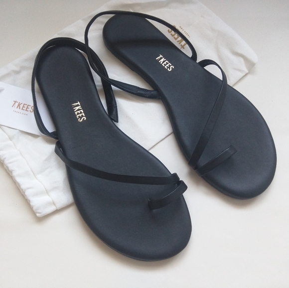 Tkees LC Sandals Leather Black Slingback Strappy Flats 9 - Picture 11 of 15